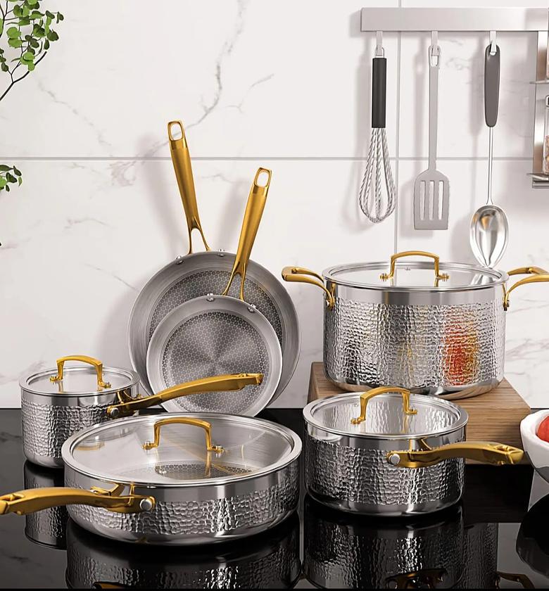 10-Piece Premium Triple-Ply Hammered Stainless Steel Cookware Set with Gold Accents image