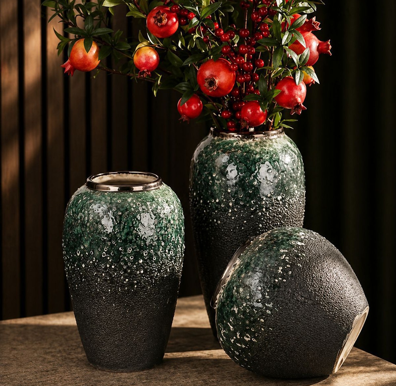 Dark Green & Gold Accent Decorative Vase Set image