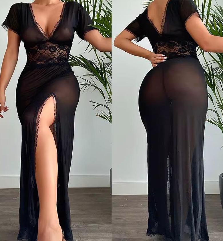 Sheer Loungewear Dress with Thigh High Front Slit image