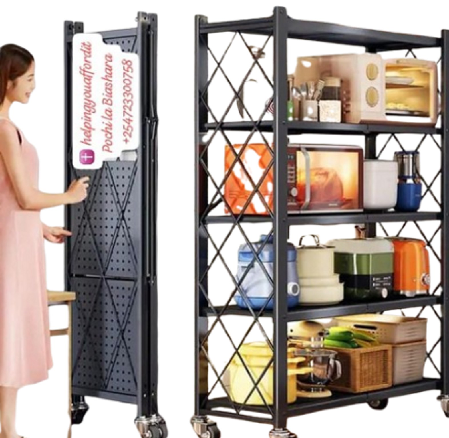 5-Tier Heavy Duty Foldable Metal Rack Storage Shelving Unit With Wheels Moving Easily Organizer Shelves image