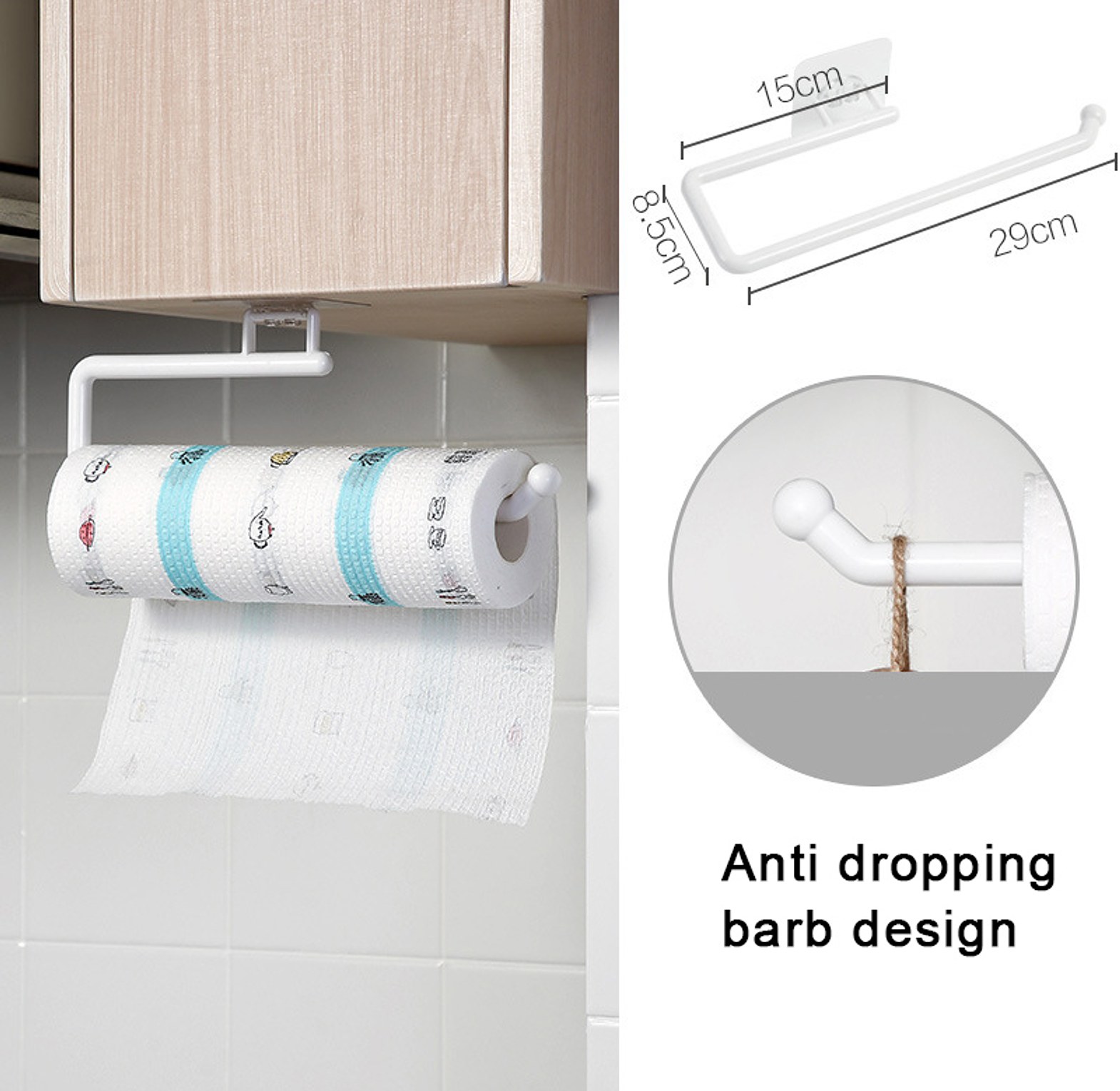 28cm Adhesive Kitchen Paper Towel Holder & Under Cabinet Tissue Roll Rack - No Drill Wall Mount Organizer for Homes & Kitchens image