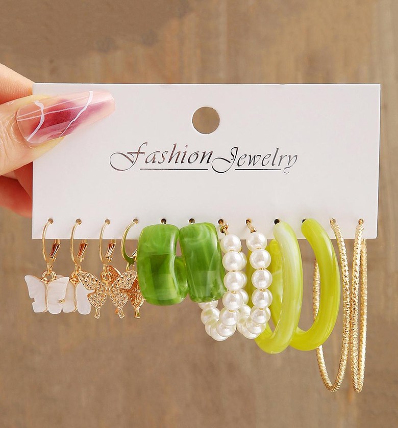 Green Pink Acrylic Pearls Butterfly Gold Toned image