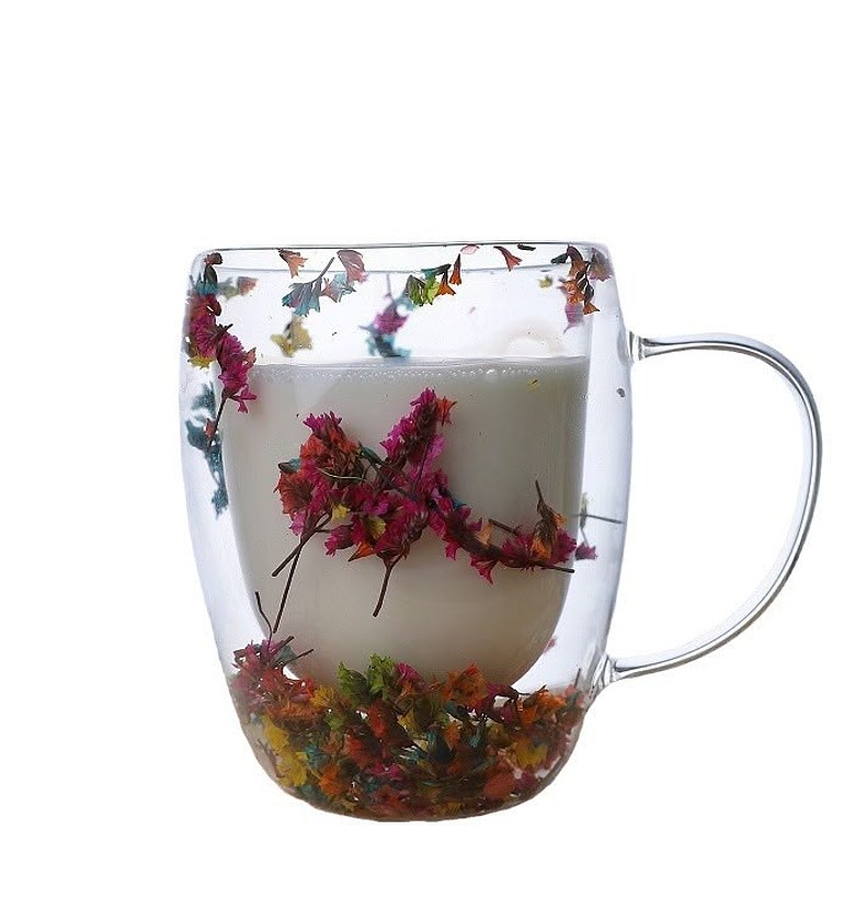Double Walled Flower Glass Mug 350ml, Aesthetic Drinkware for Coffee and Tea image