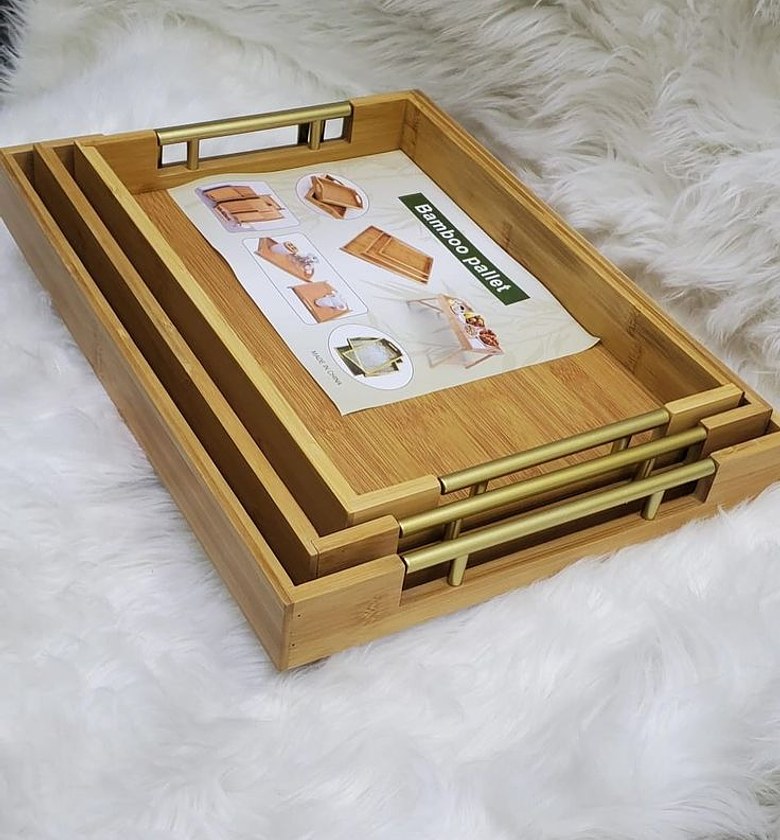 Bamboo Serving Tray Set with Gold Handles image