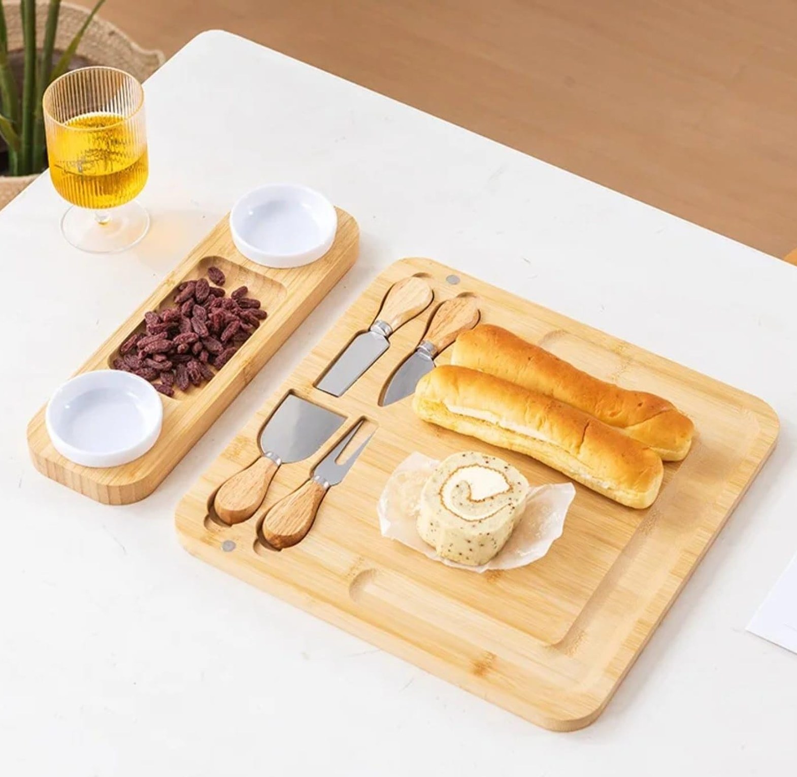 Luxury Bamboo Cheese Board & Cutlery Set with Ceramic Dip Bowls image