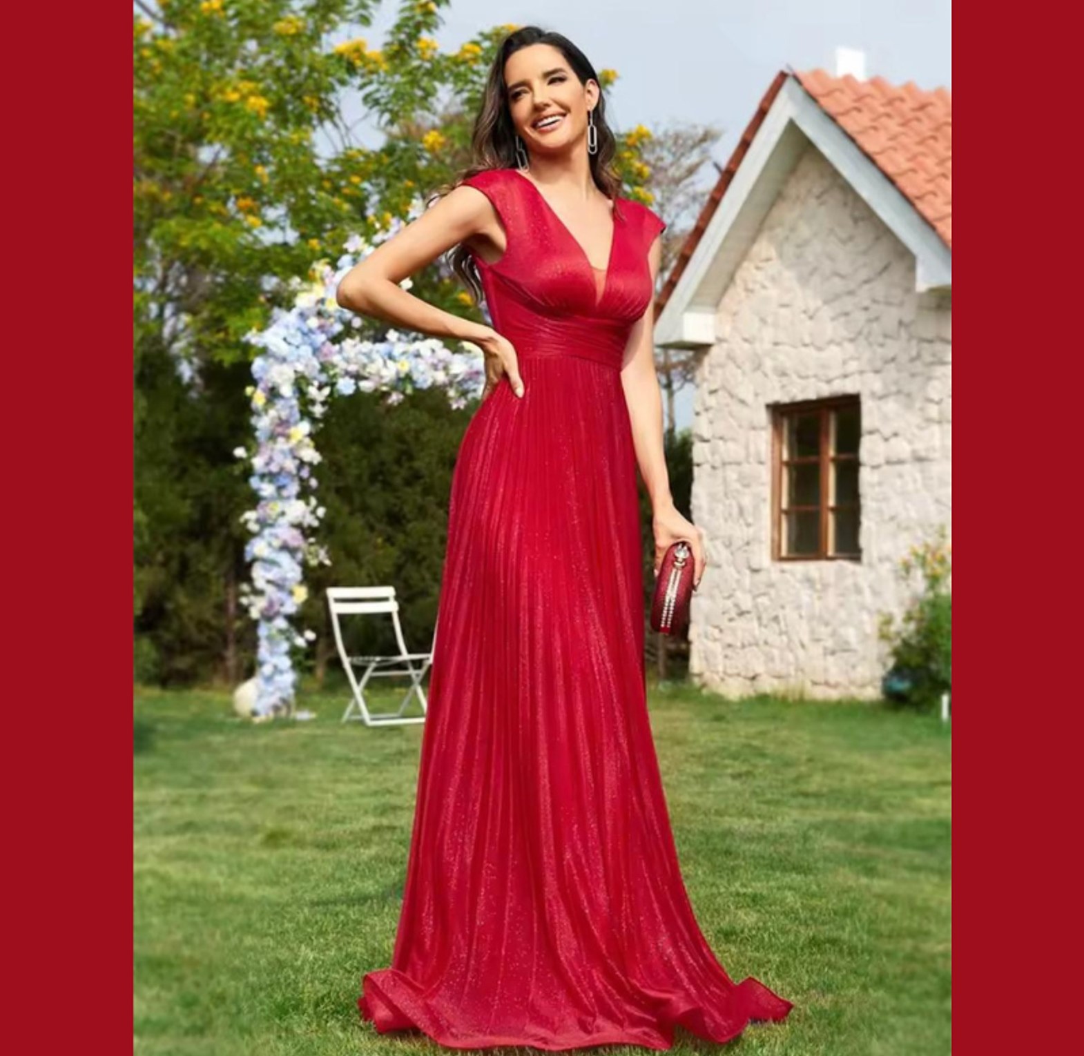 Scarlet Shimmer Pleated V-Neck Gown image