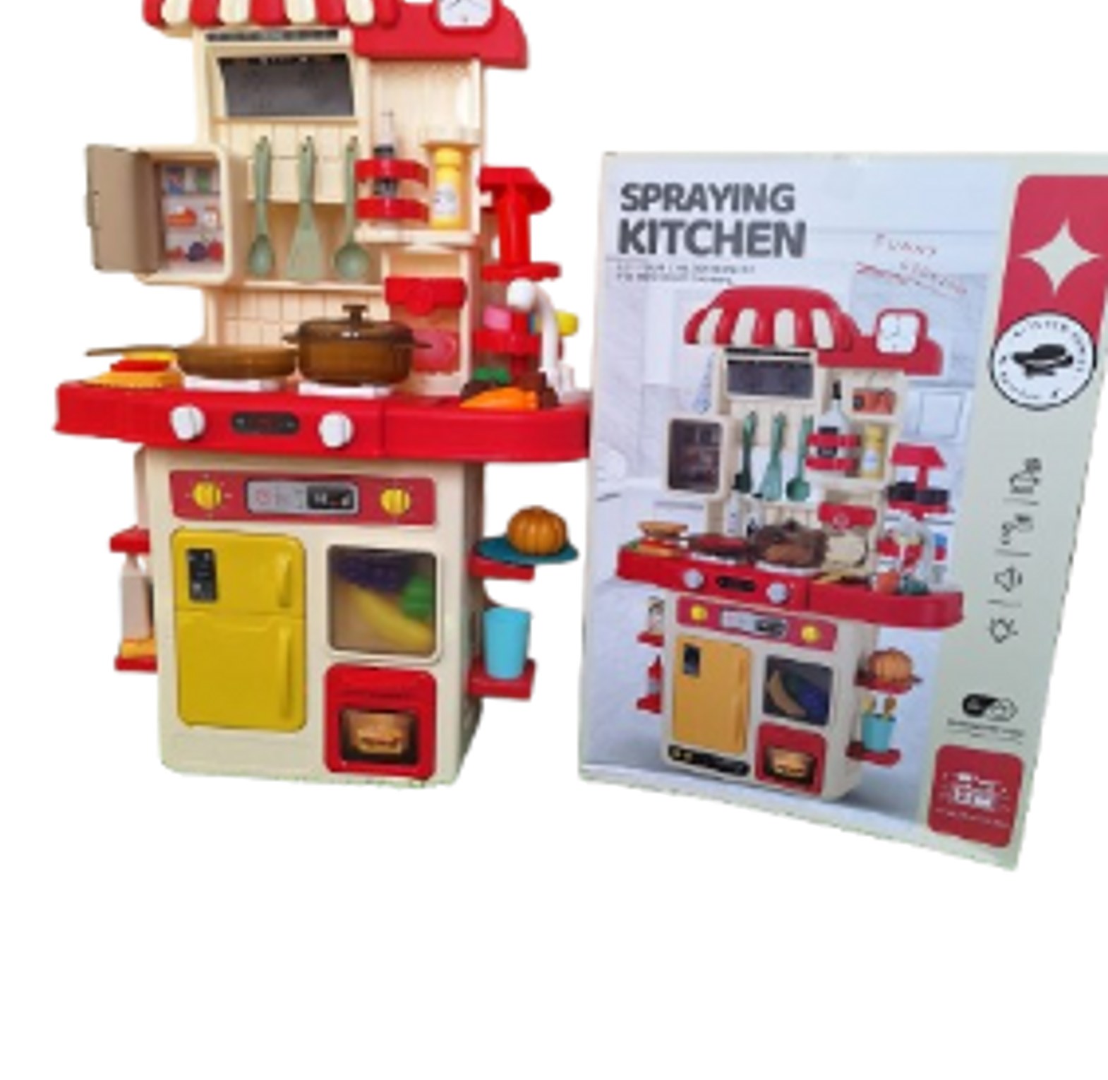 48pcs Kitchen Playset for Boys and Girls, kid play kitchen with Realistic Lights and Sounds, Spray sink ,Pretend Food Toys Kitchen for Toddler image