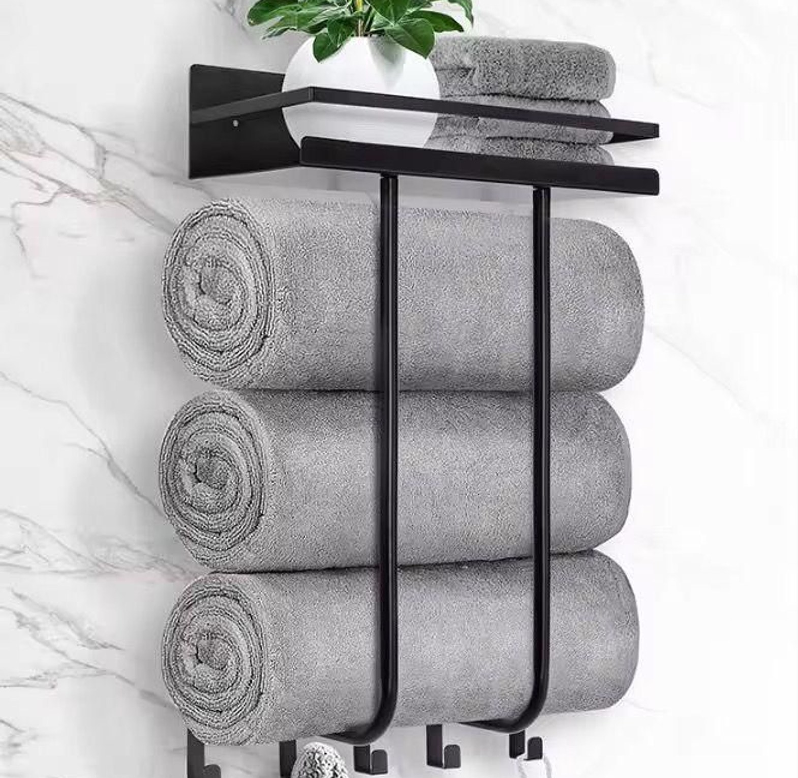Multifunctional bathroom towel holder with metal shelf and 5 hooks image