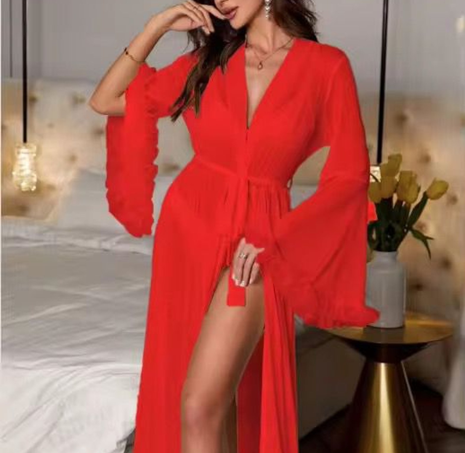 B213 See Through Lace  Flared Long Coverup Loungewear image
