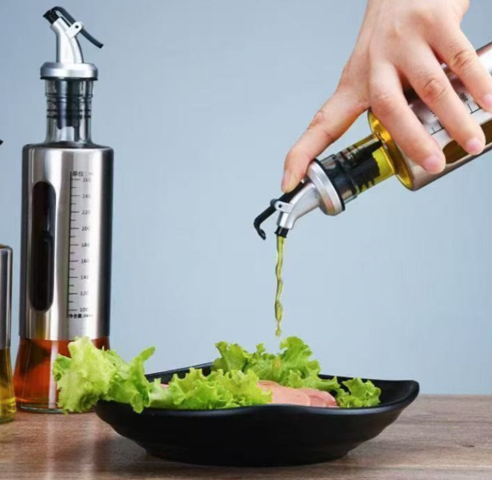 Glass Oil Dispenser with Measurement Scale 300ml Stainless Steel Kitchen Oil Control Pot for Healthy Cooking image