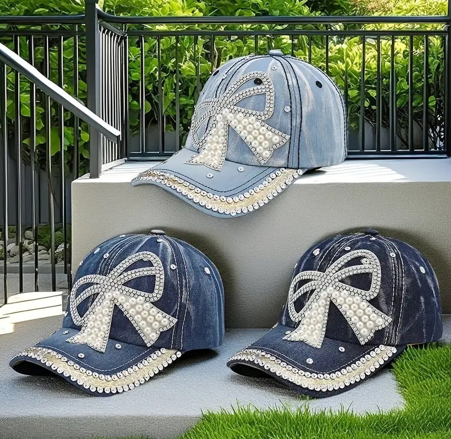 Women’s Bow Pearl Diamond Denim Baseball Cap image