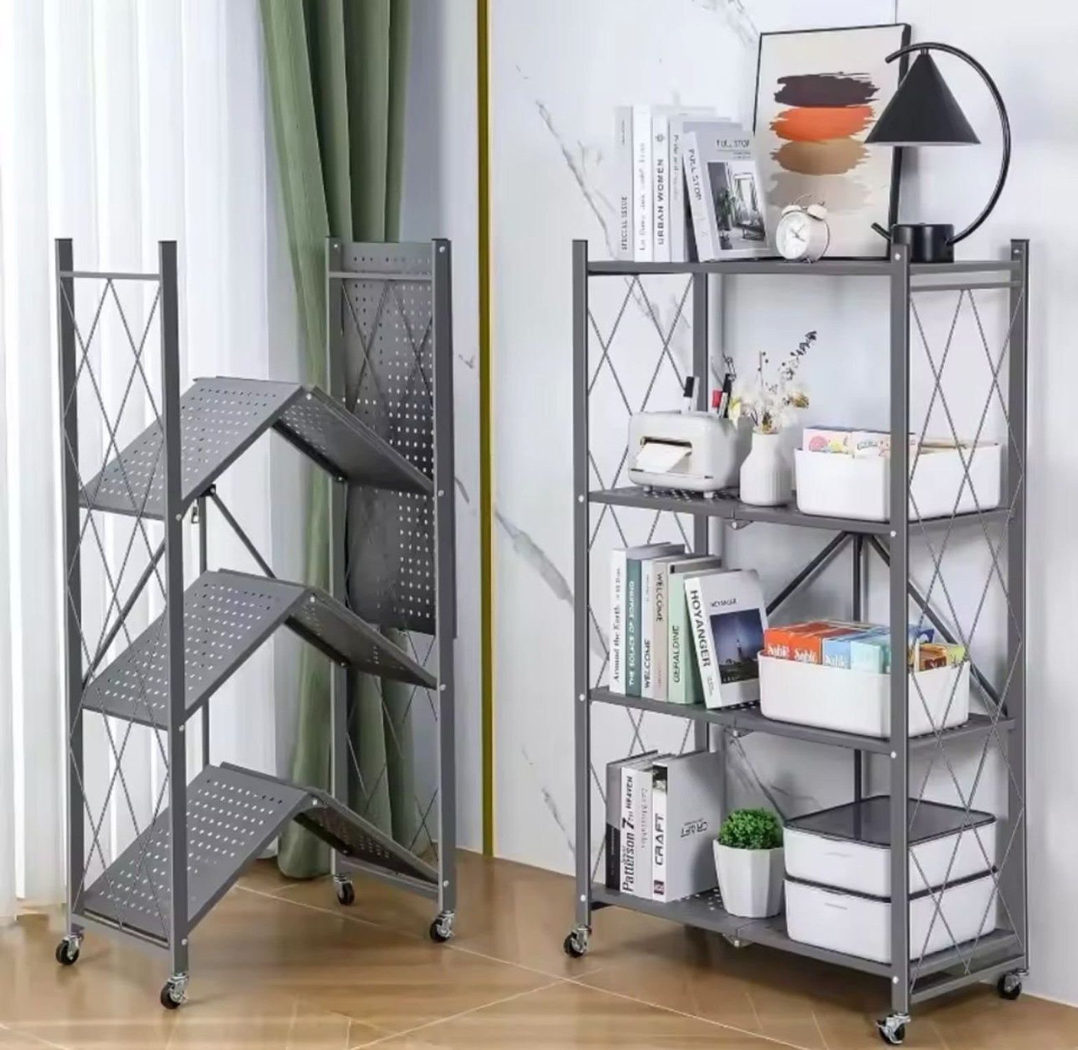3Tier Heavy Duty Foldable Metal Rack Storage Shelving Unit with Wheels Moving Easily Organizer Shelves Great for Garage Kitchen Holds image