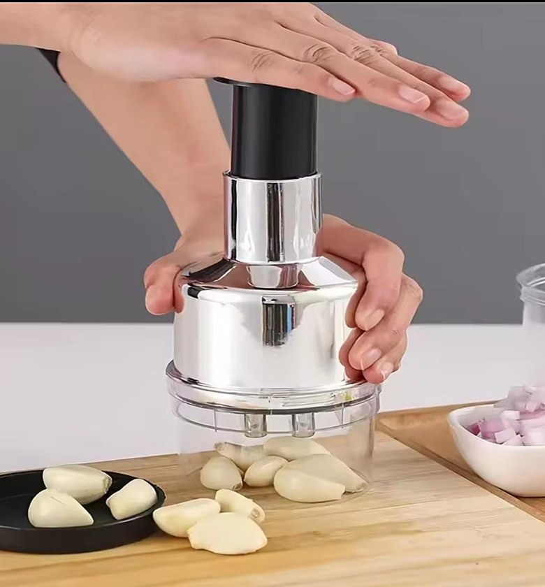 Manual Press Vegetable Chopper & Garlic Mincer - Stainless Steel Multi-function Onion Slicer for Quick Food Prep image