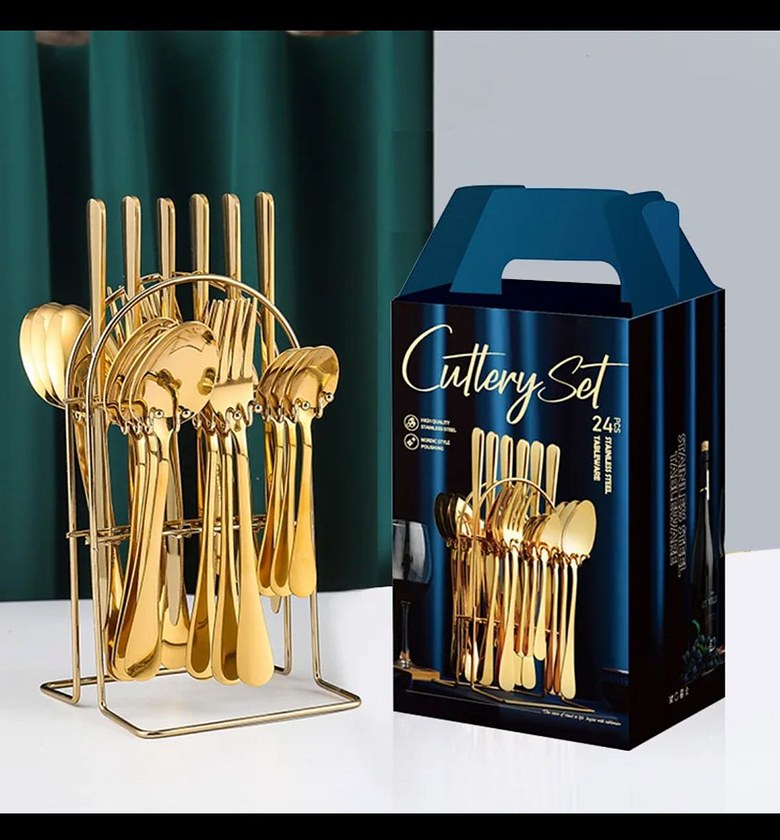 Steel Dinnerware Cutlery Spoon Fork 24 Pcs Set Golden image