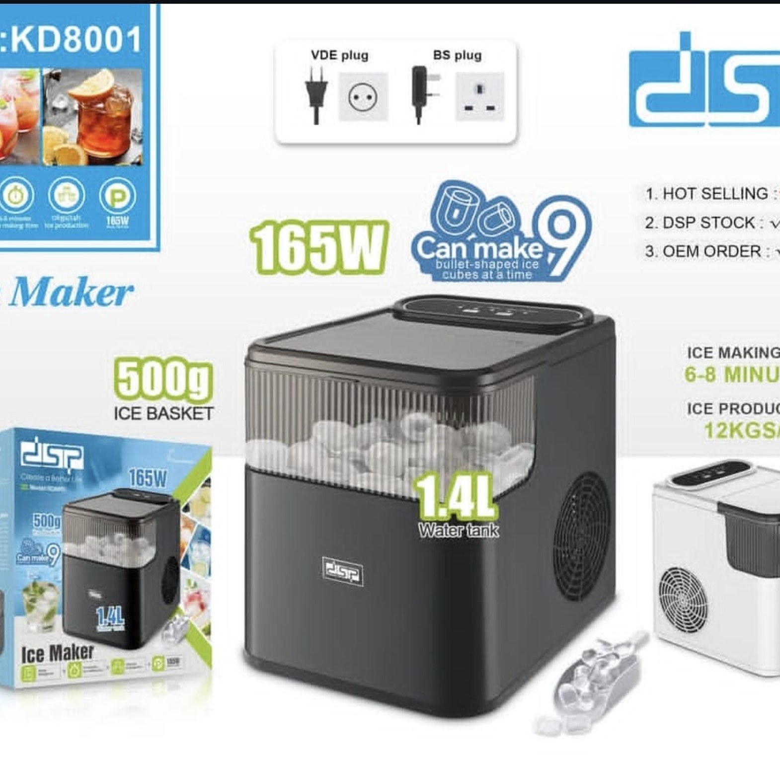 DSP Ice Maker Machine – 12kg/24h Automatic Countertop Ice Maker with 1.4L Tank & 500g Basket – Fast 6-8 Min Ice Cubes for Home, Office & Parties image