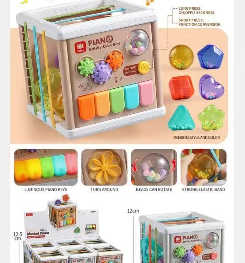 Kids Musical Piano Activity Cube with Shape Sorter, Light-Up Piano Keys, Bead Spinner & Sensory Learning Toy image