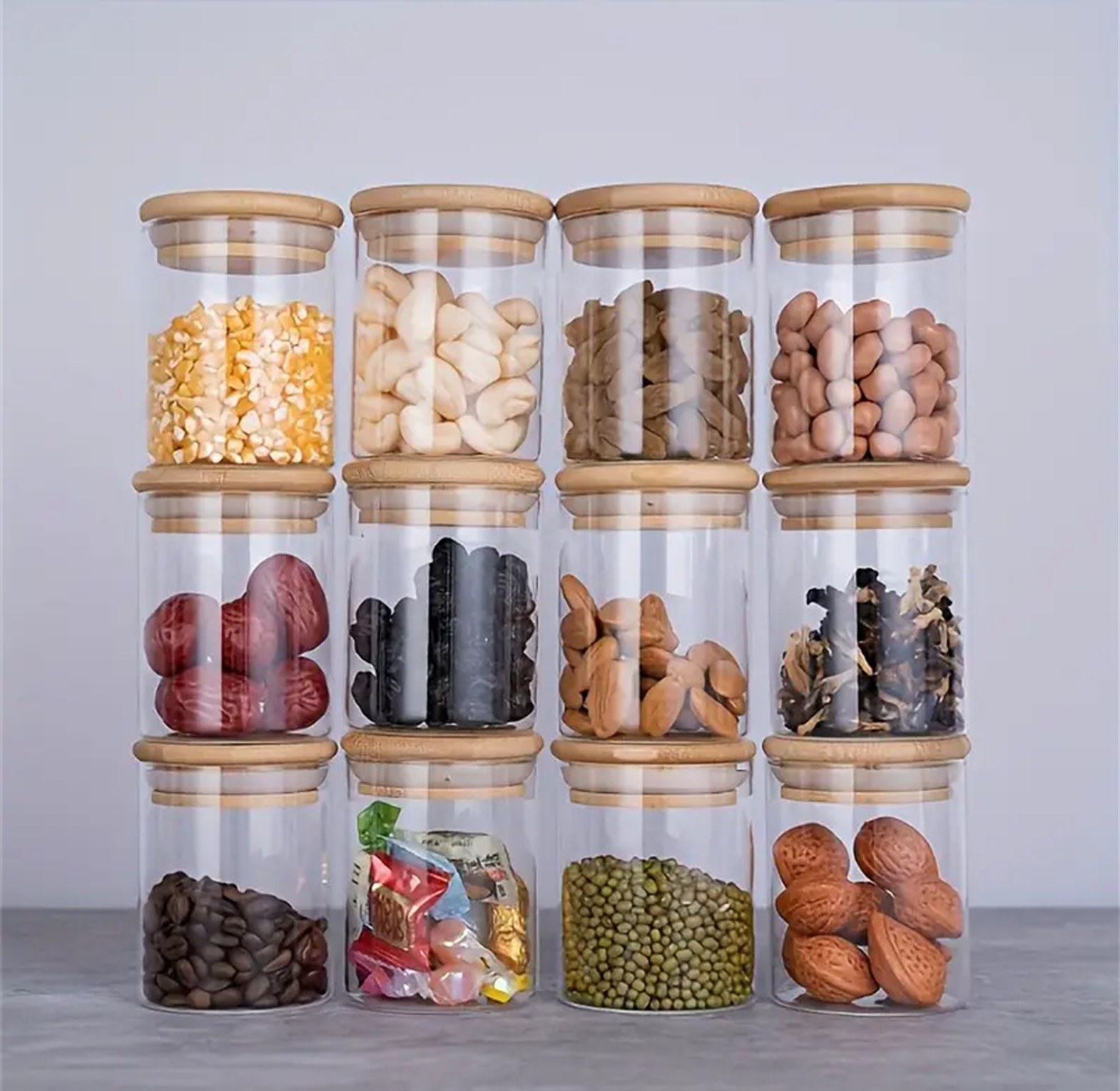 12Pcs Glass Storage Jars Set with Bamboo Lids & Labels - Premium Airtight Pantry Organizers image