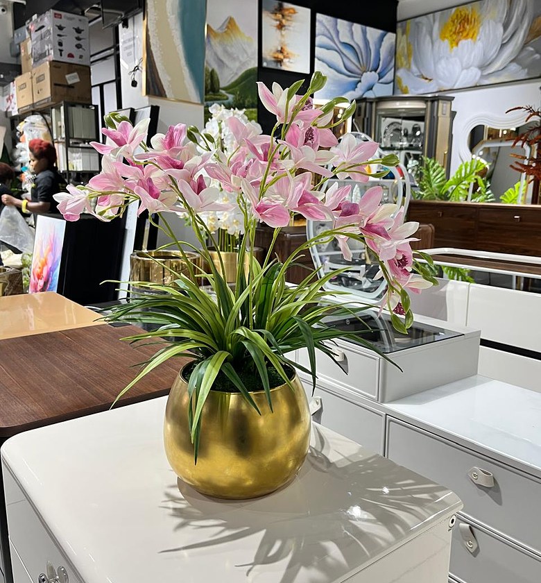 Pink Orchid Arrangement in Gold Planter image