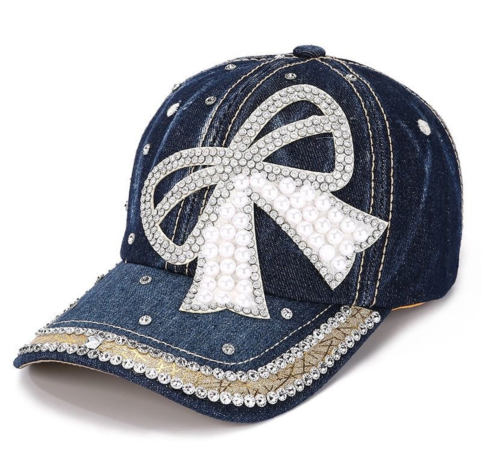 Women’s Bow Pearl Diamond Denim Baseball Cap image