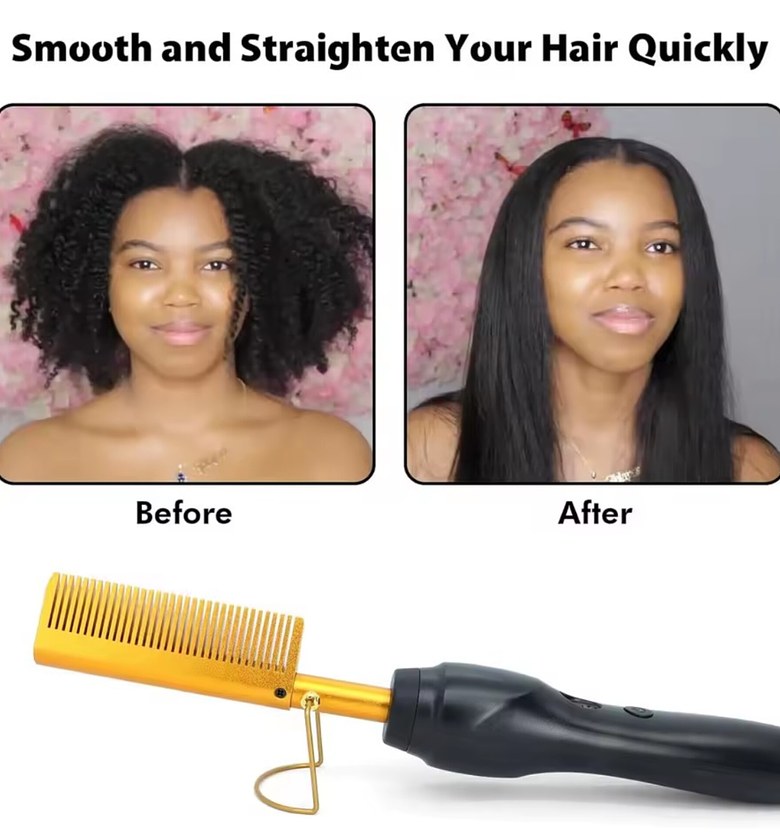 Professional Gold Ceramic Electric Hot Comb 450°F Hair Straightener for 4C Natural Hair – Premium Silk Press Machine image