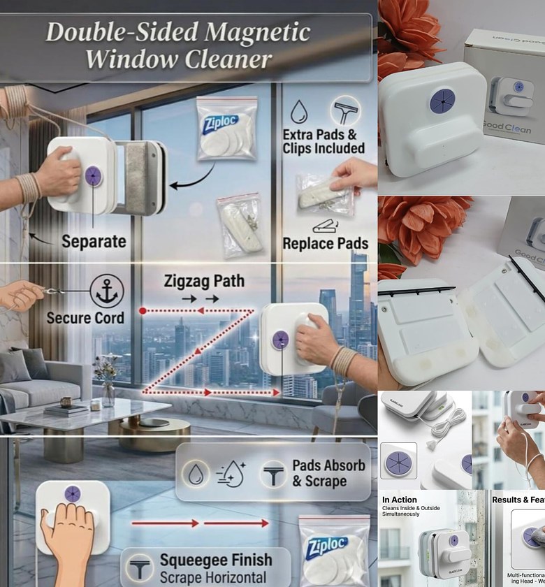 Good Clean Double Sided Magnetic Window Cleaner Glass Wiper with Safety Cord for High-Rise Apartments image
