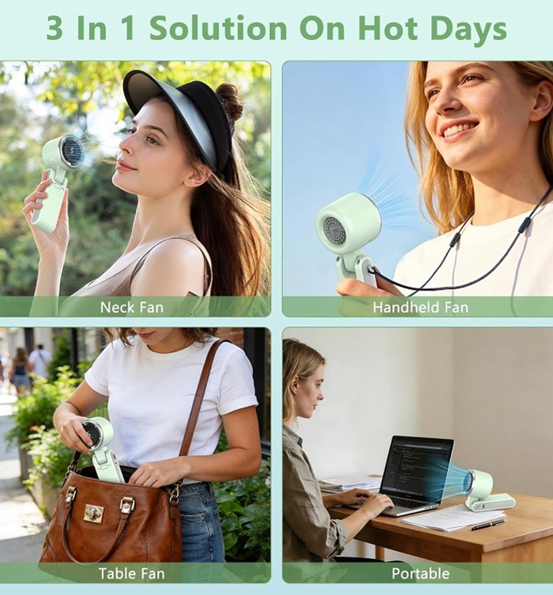 3-in-1 Portable Rechargeable Mini Neck Fan with Digital Display and 12-Hour Battery Life for Home Office and Travel image