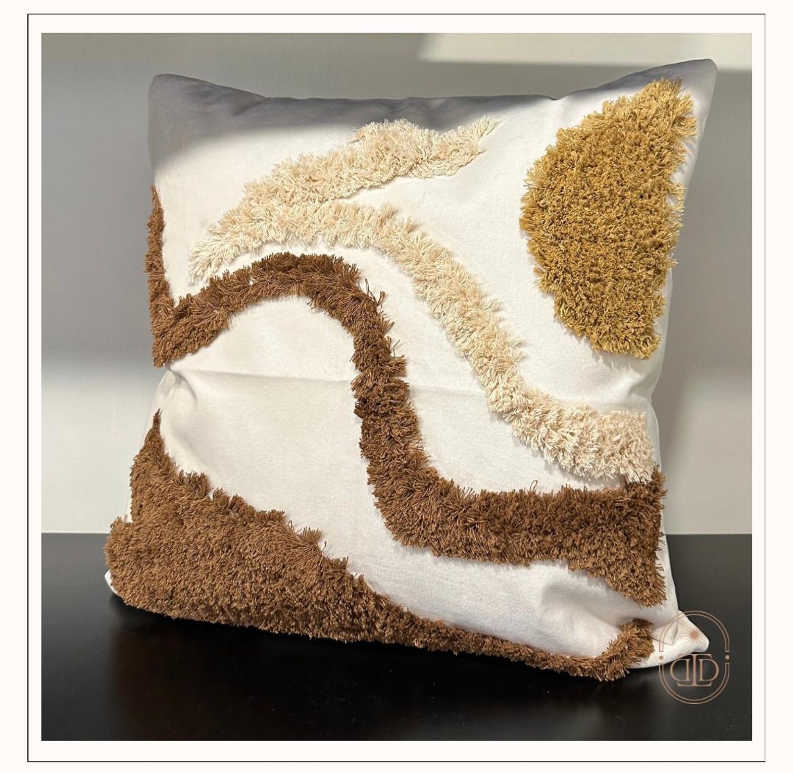 Off white velvet cushion cover with woven pattern (brown) image