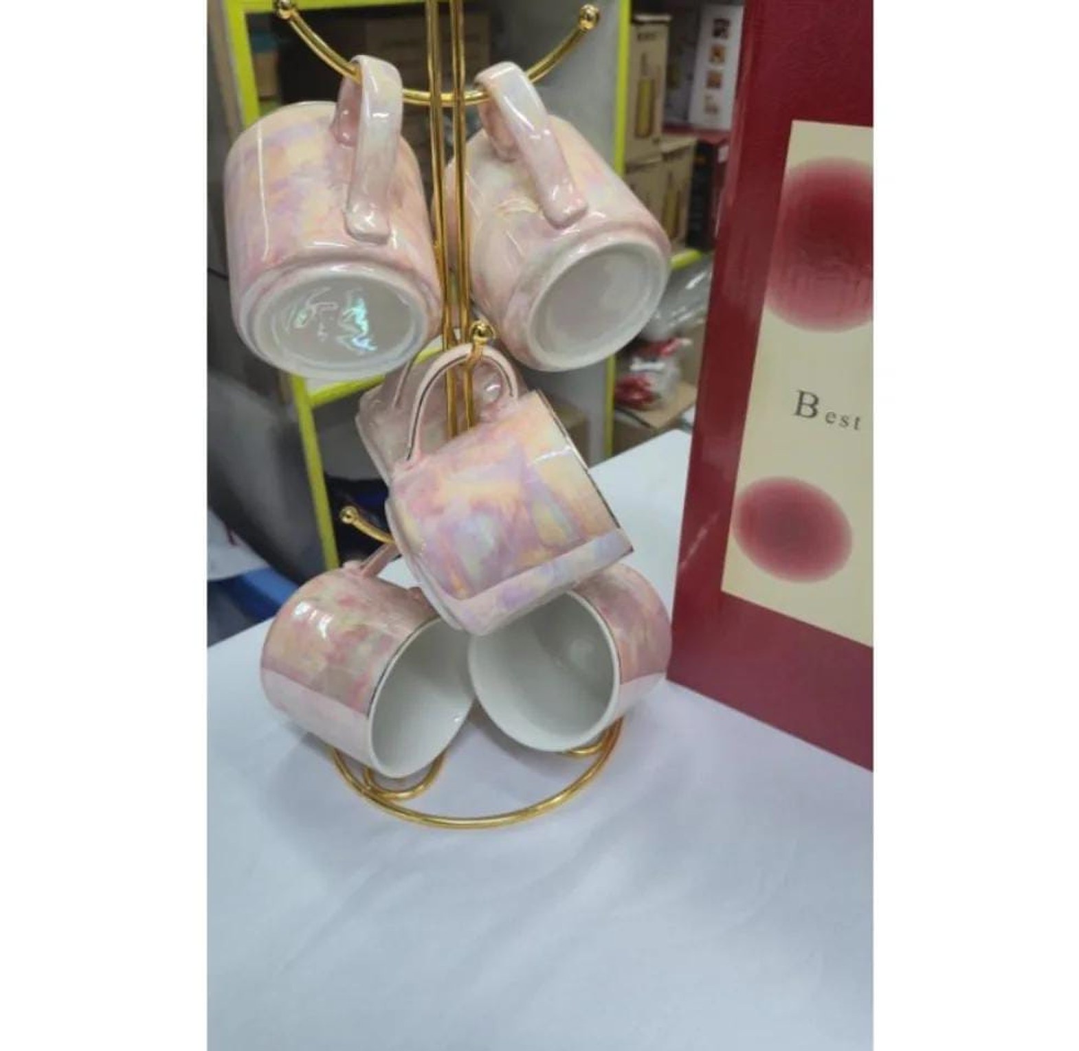 Gold rimmed ceramic mugs with gold stand 6pcs image