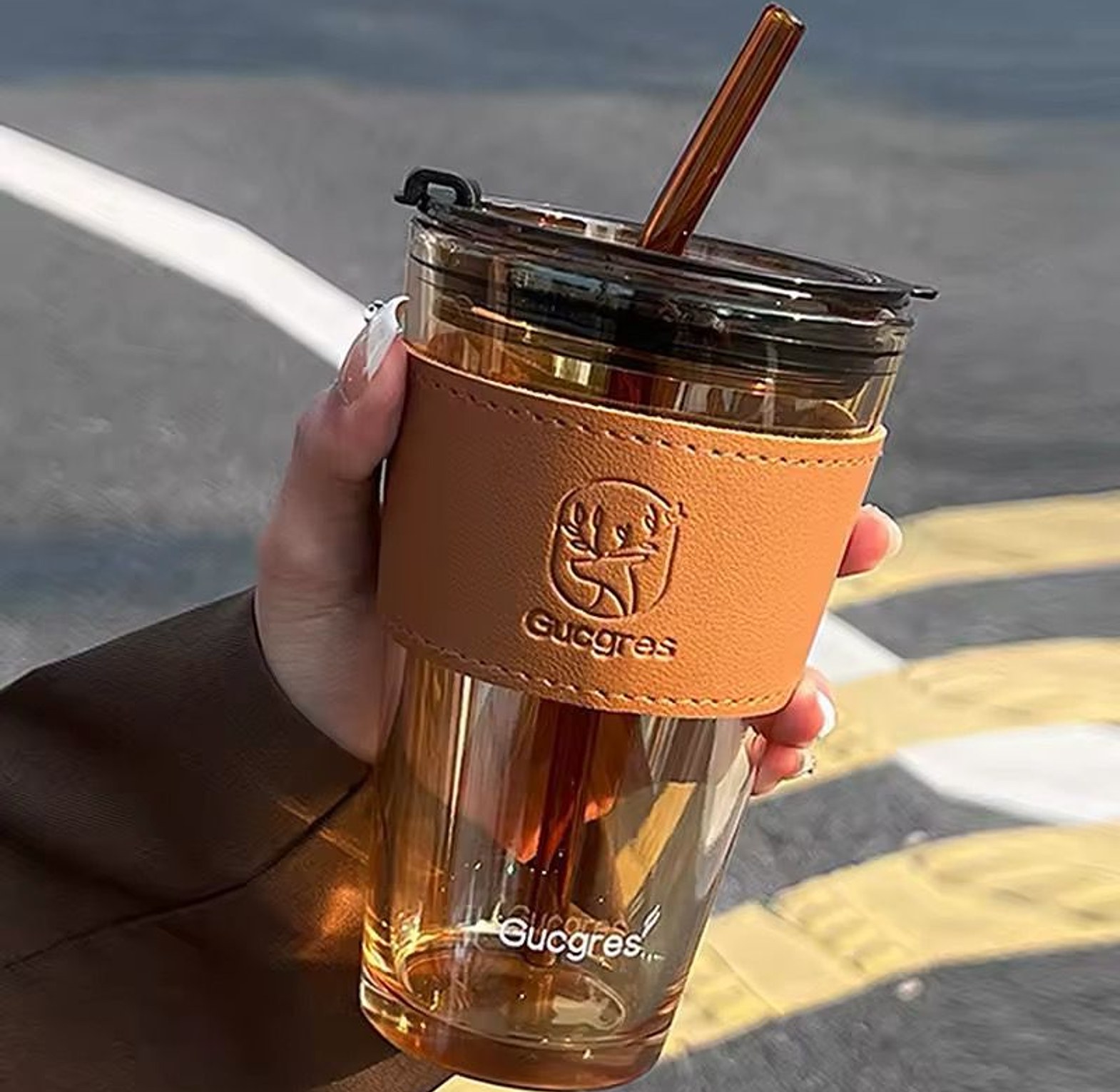 Glass Cup with Cover, Straw & Leather Sleeve image