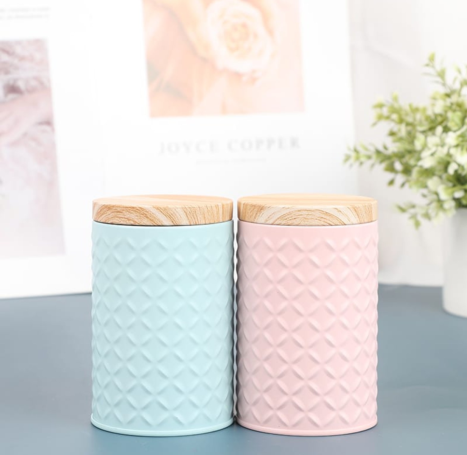 Round Wood Grain Tin Box Metal Storage image