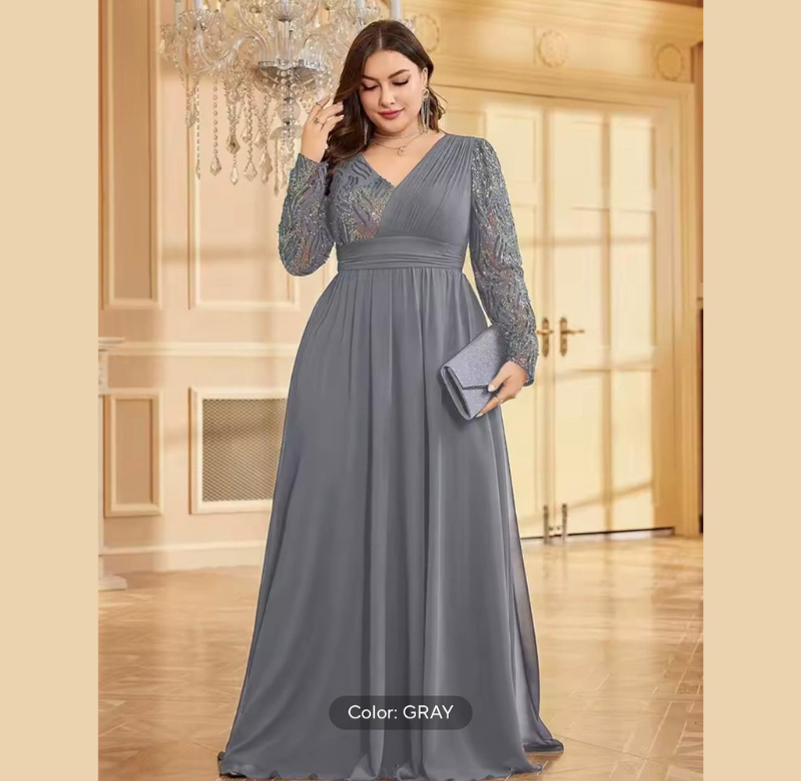 Serpentine Sequin Sleeve A-Line Gown image