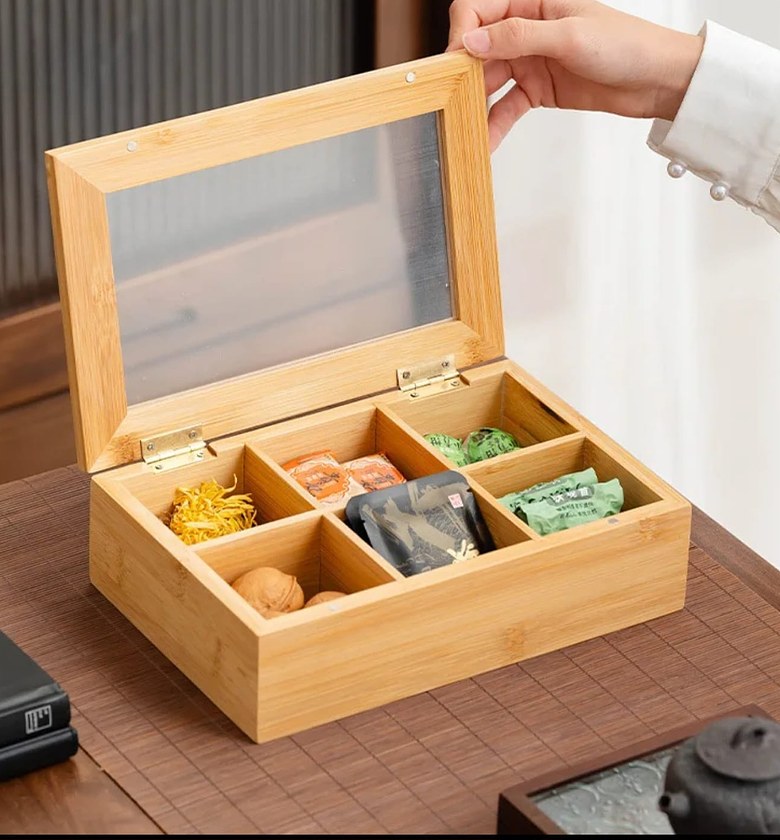 Premium 6-Section Bamboo Tea Bag Organizer Box image