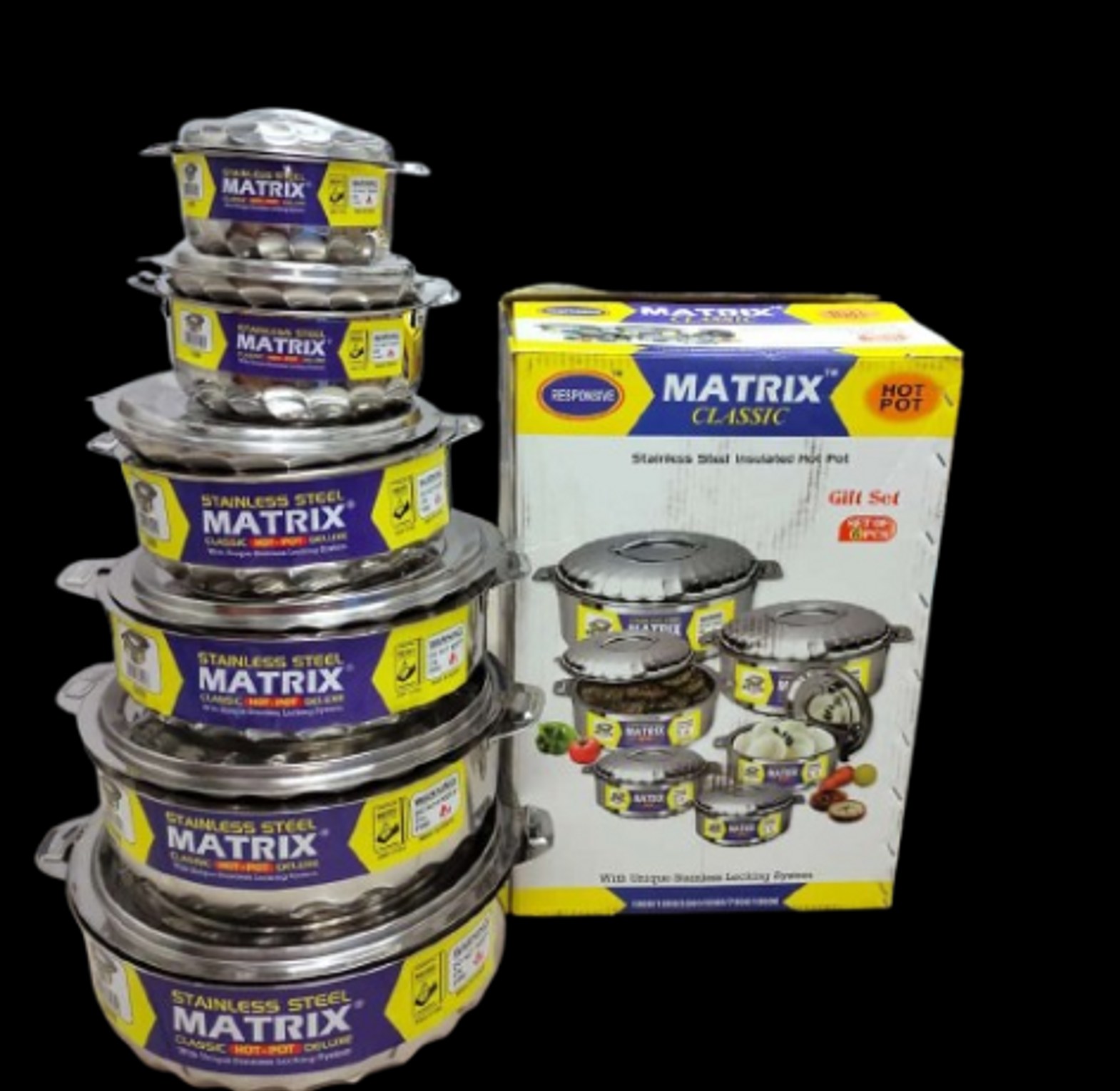 HOTPOTS. Matrix 6pcs Hotpot Kitchen Hot Pot Serving Dishes Stainless Steel Hotpots Serveware Set Keep Food Hot Or Cold (1000, 1500, 3500, 5000, 7500 And 10000ml) image