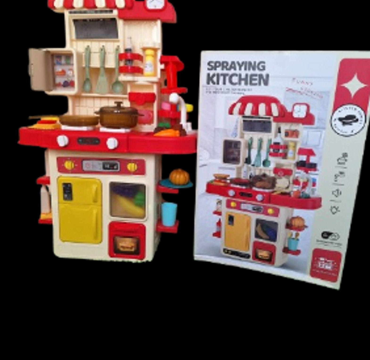 48pcs Kitchen Playset for Boys and Girls, kid play kitchen with Realistic Lights and Sounds, Spray sink ,Pretend Food Toys Kitchen for Toddler image