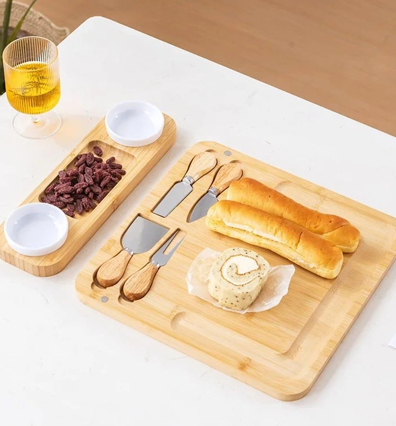 Luxury Bamboo Cheese Board & Cutlery Set with Ceramic Dip Bowls image