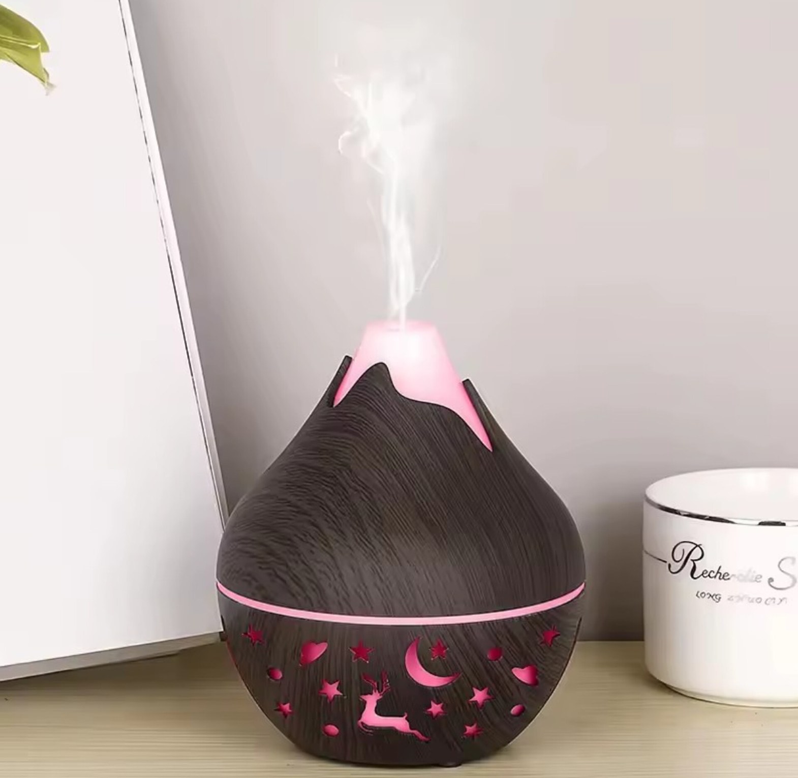 200ml Volcano Wood Grain Air Humidifier & Essential Oil Diffuser with LED Nightlight Color Changing Projector for Office Home Bedroom image