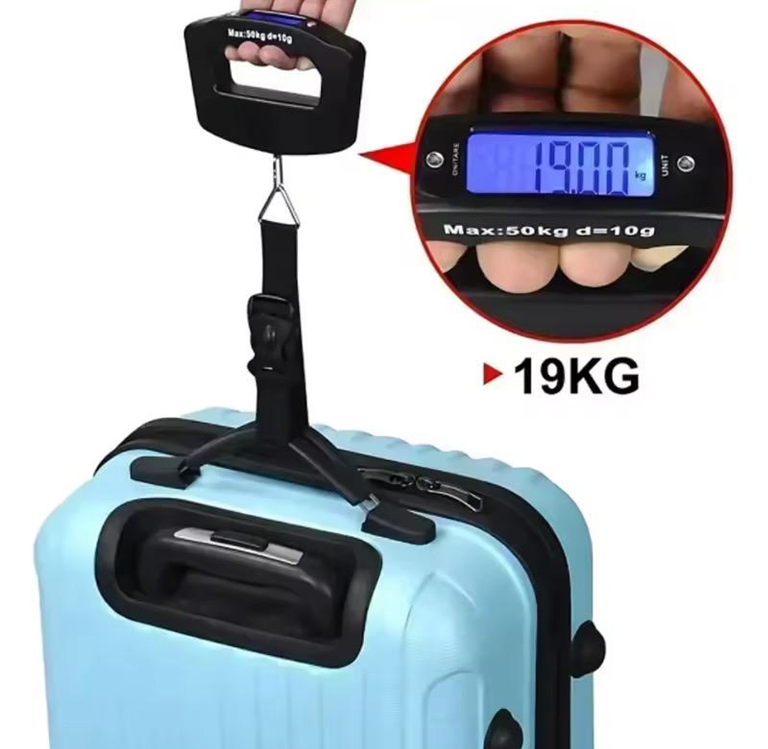 Portable electronic hanging luggage scale with digital display and backlight image