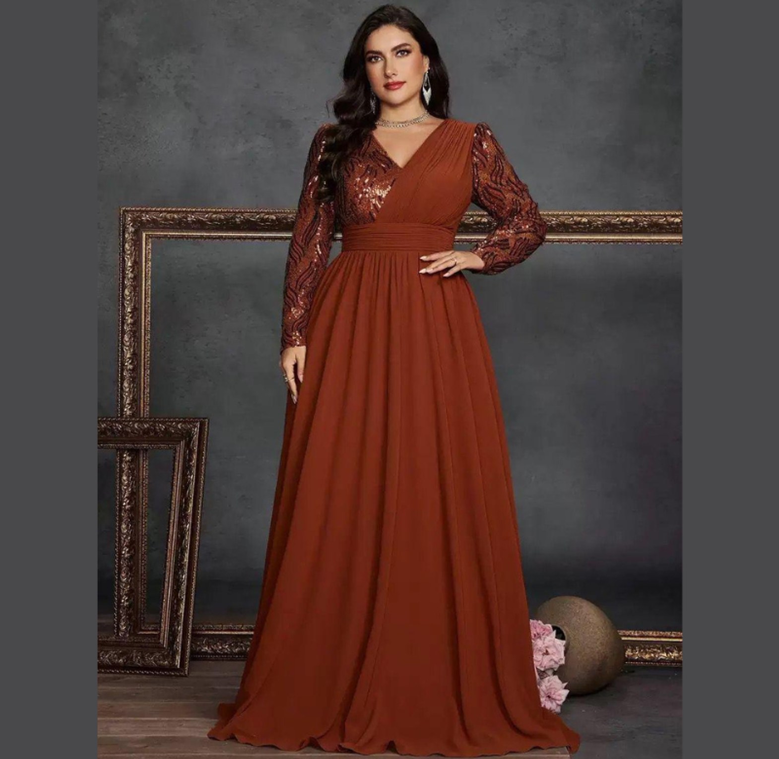 Serpentine Sequin Sleeve A-Line Gown image