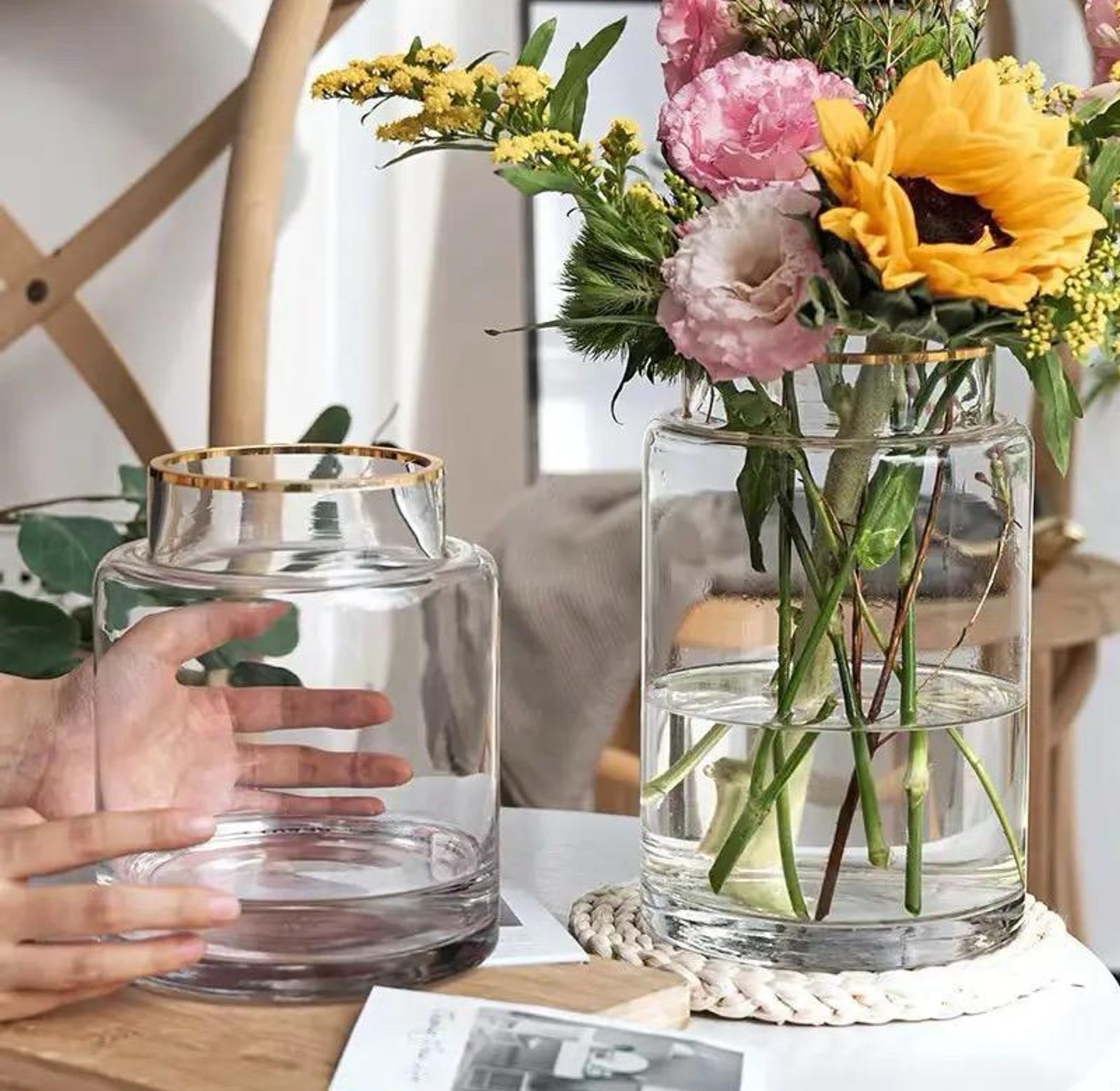 Modern creative clear  glass vase with a touch of gold image