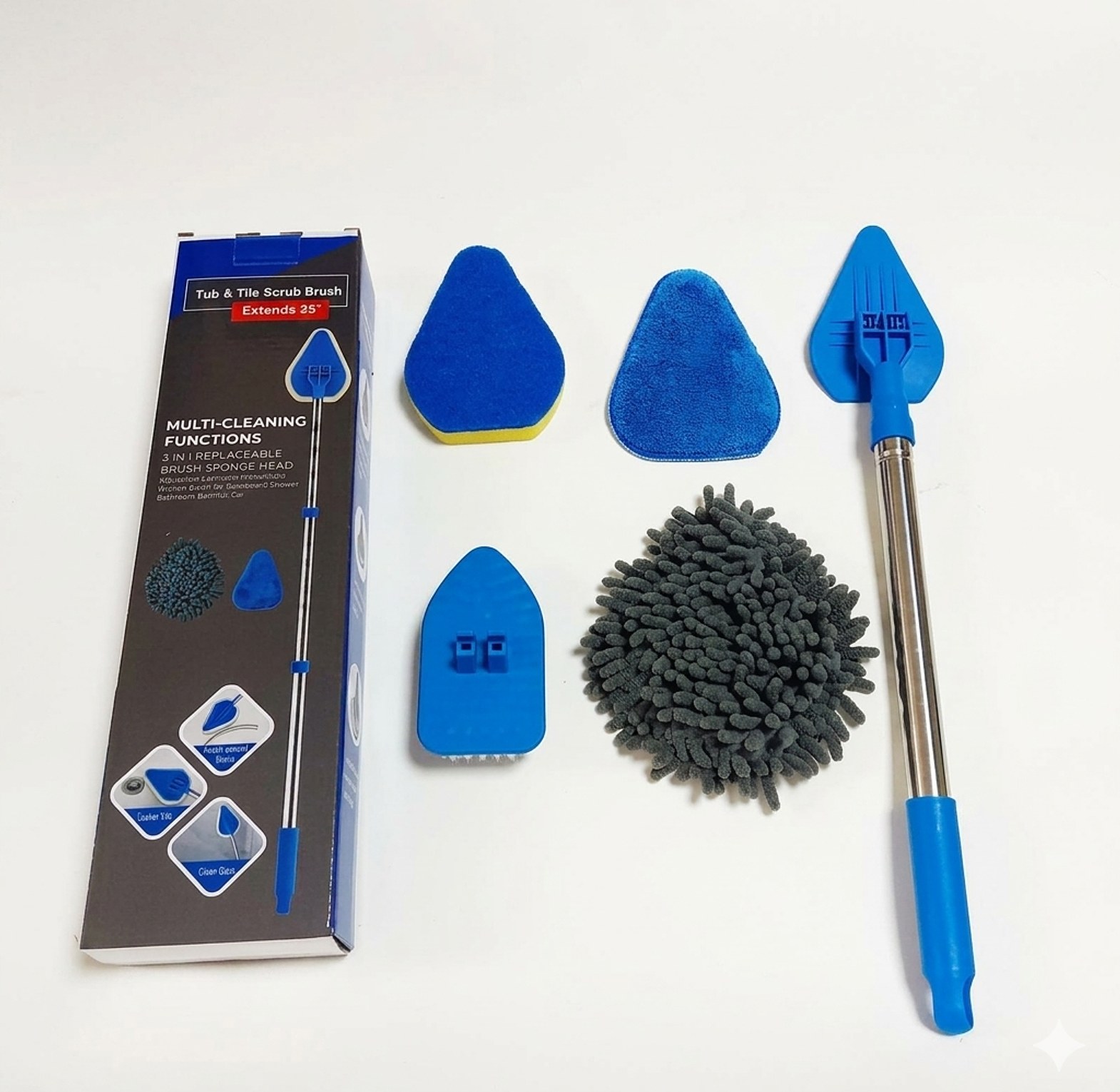 3-in-1 Extendable Tub and Tile Scrub Brush with 35" Adjustable Long Handle & Replaceable Heads for Bathroom & Kitchen image