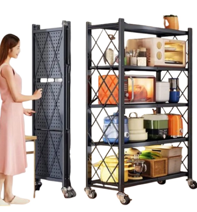 Folding Metal Shelving Unit. 5-Tier Foldable Storage Shelf with Wheels, image