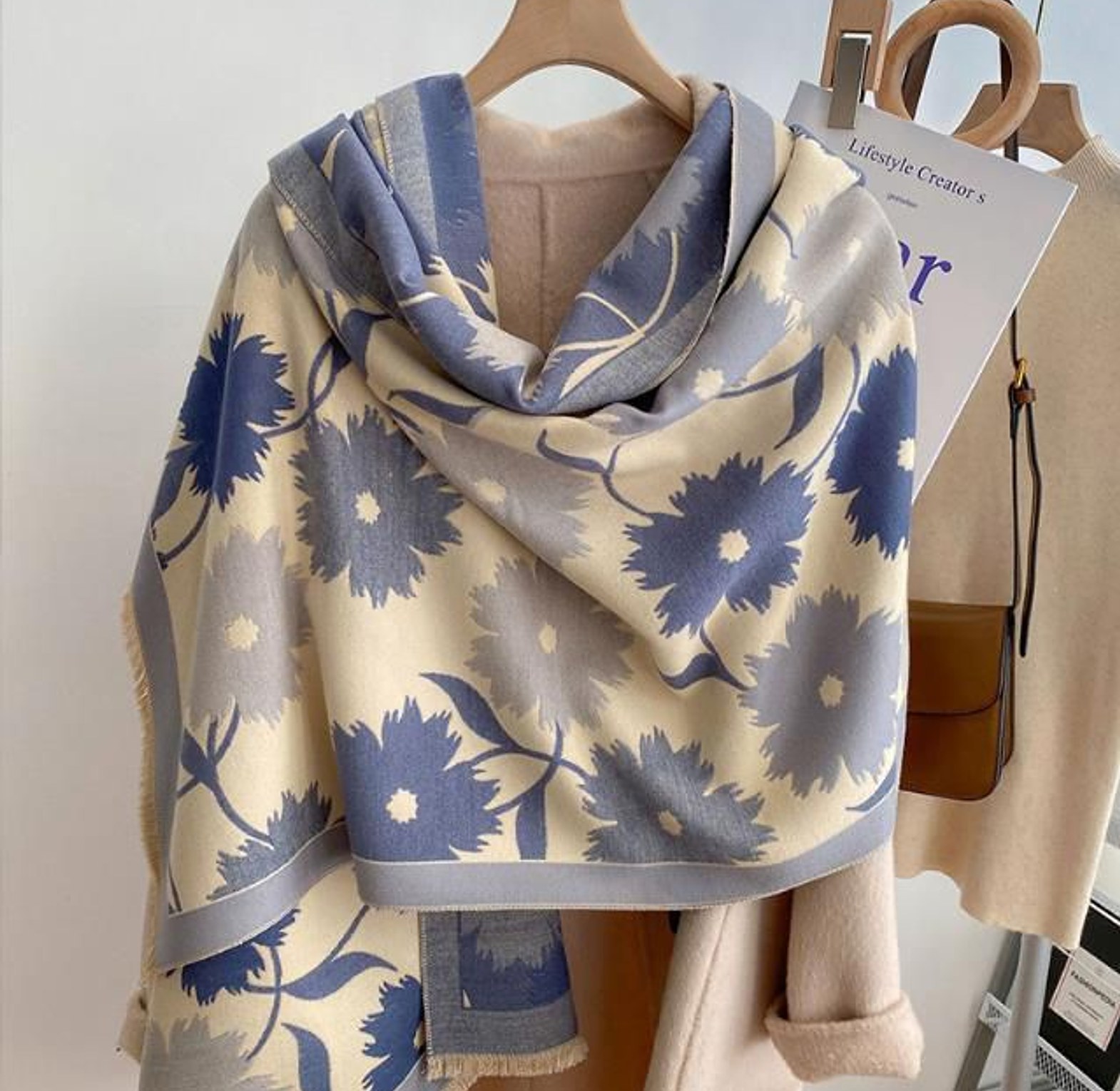 Luxury Floral Print Cashmere Pashmina Scarf image