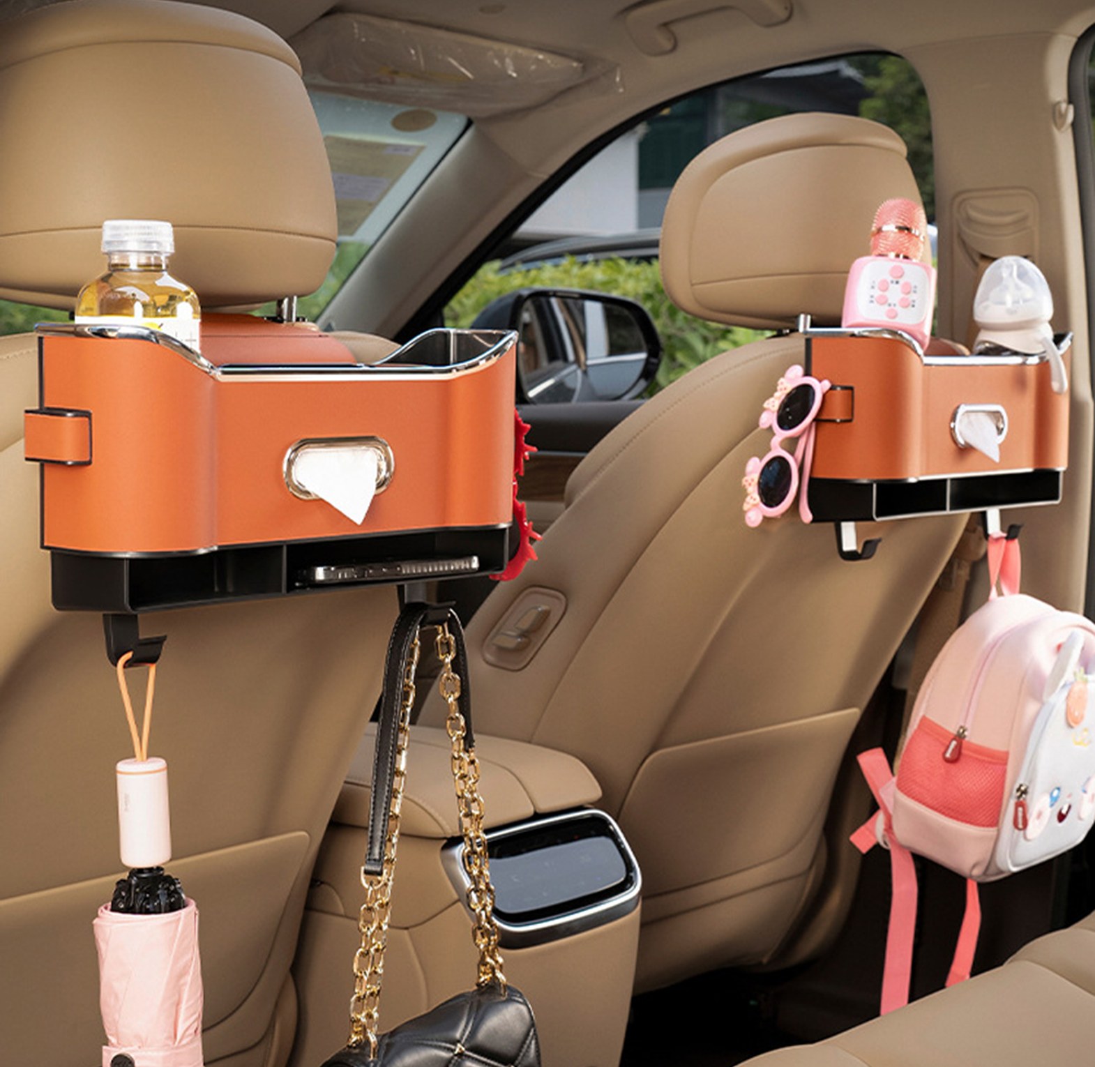 3-in-1 Premium Leather Car Seat Back Storage Box & Tissue Holder Organizer - Universal Fit image