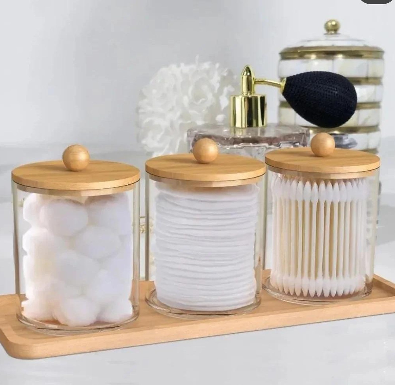 3pcs set acrylic swab storage organizer with bamboo holder image
