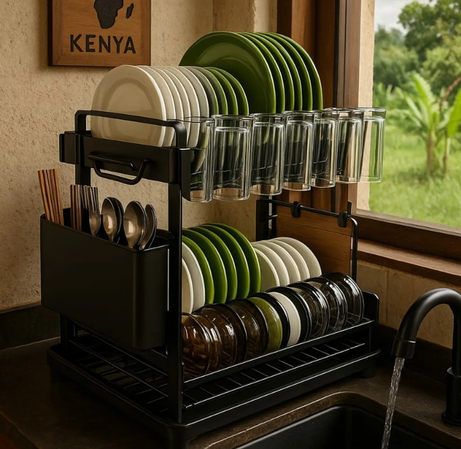 Premium 2-Tier Carbon Coated Dish Drying Rack with 360° Swivel Drainage image
