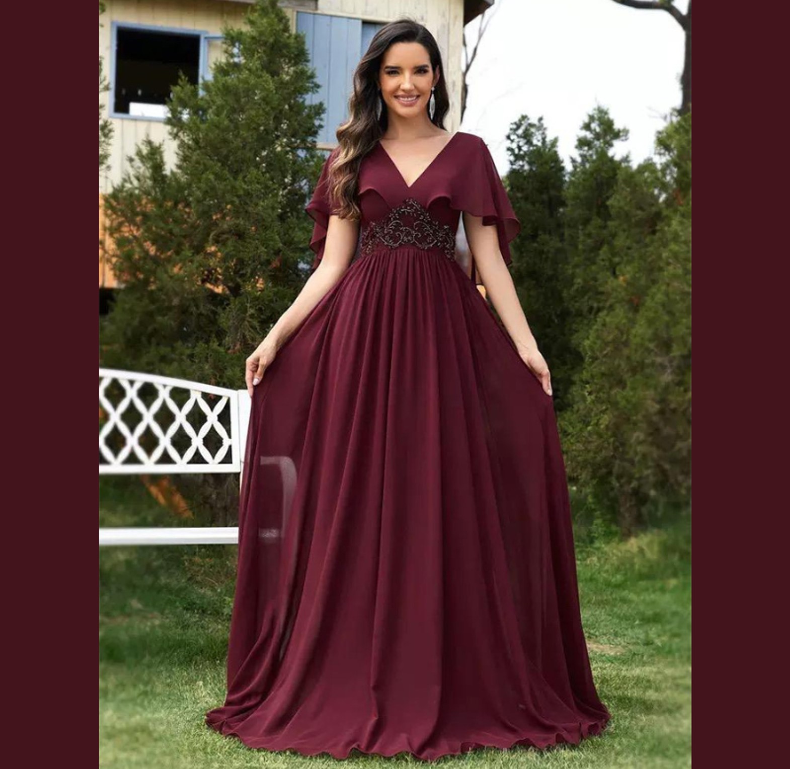 Embroidered Waist Chiffon A-Line Gown image