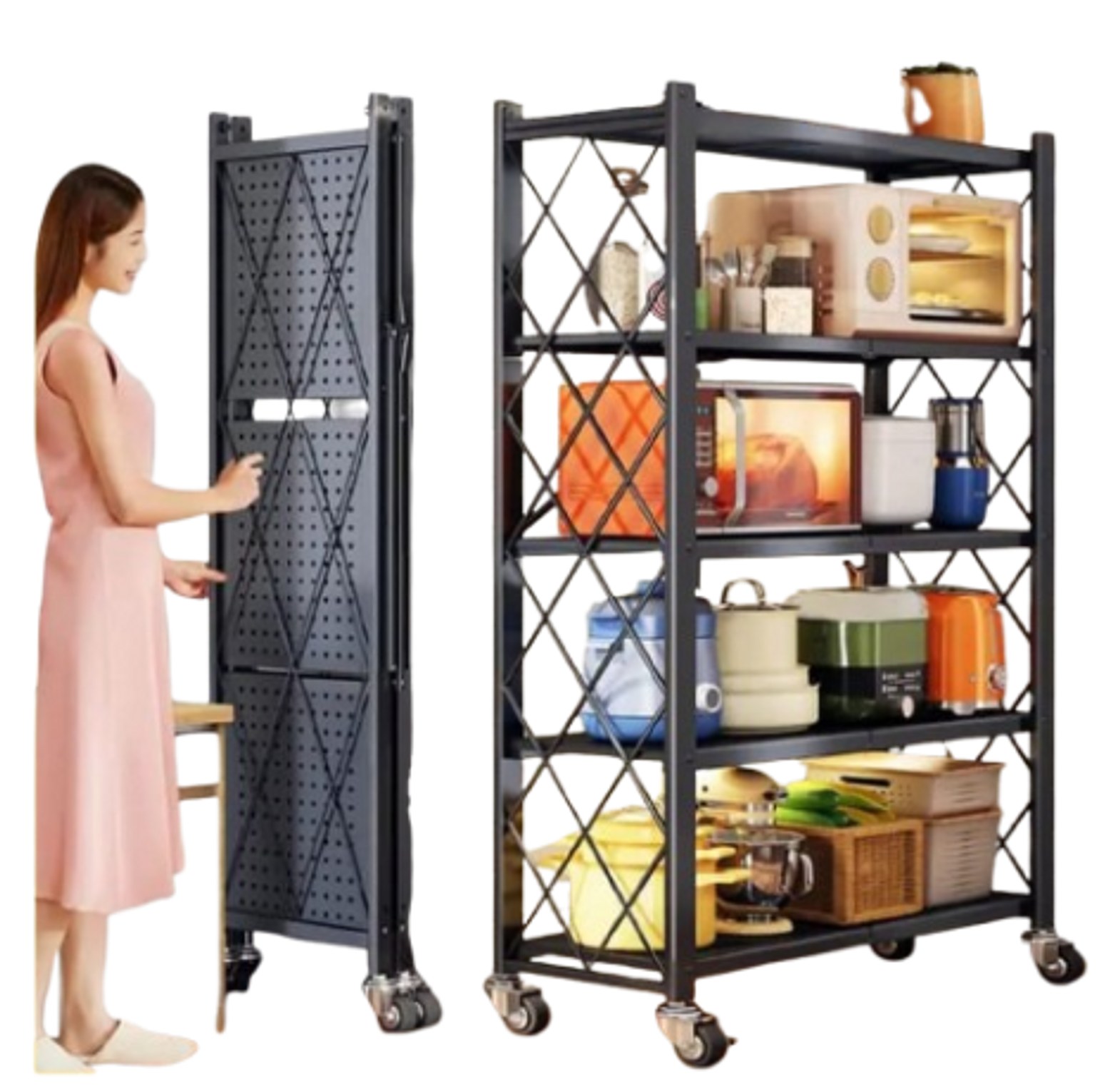Folding Metal Shelving Unit. 5-Tier Foldable Storage Shelf with Wheels, image