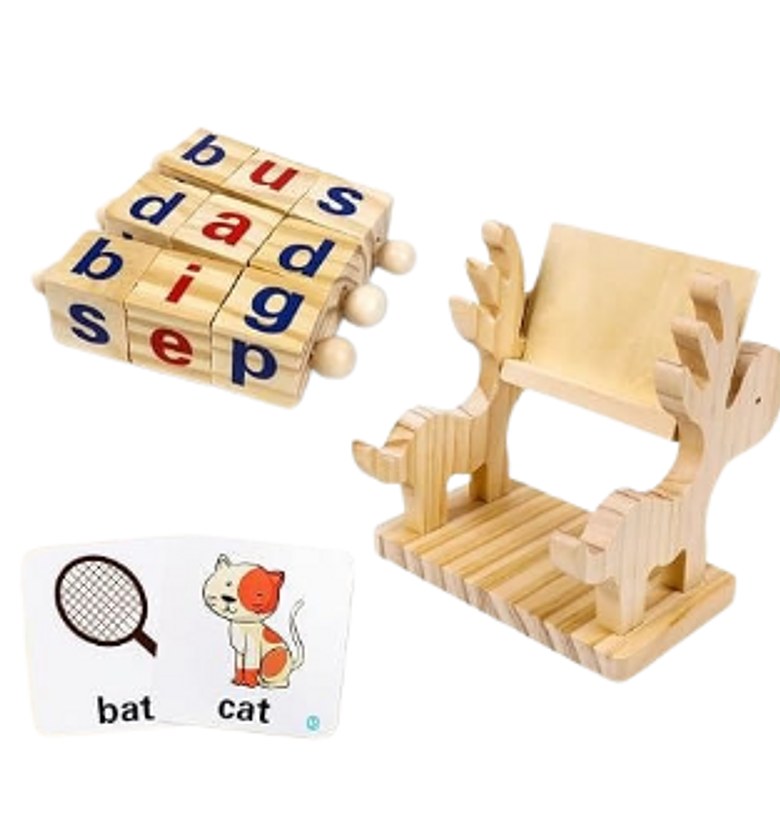 Wooden Montessori CVC Word Spelling Game with Rotating Letter Blocks, Deer Stand & 40 Flash Cards for Kids image