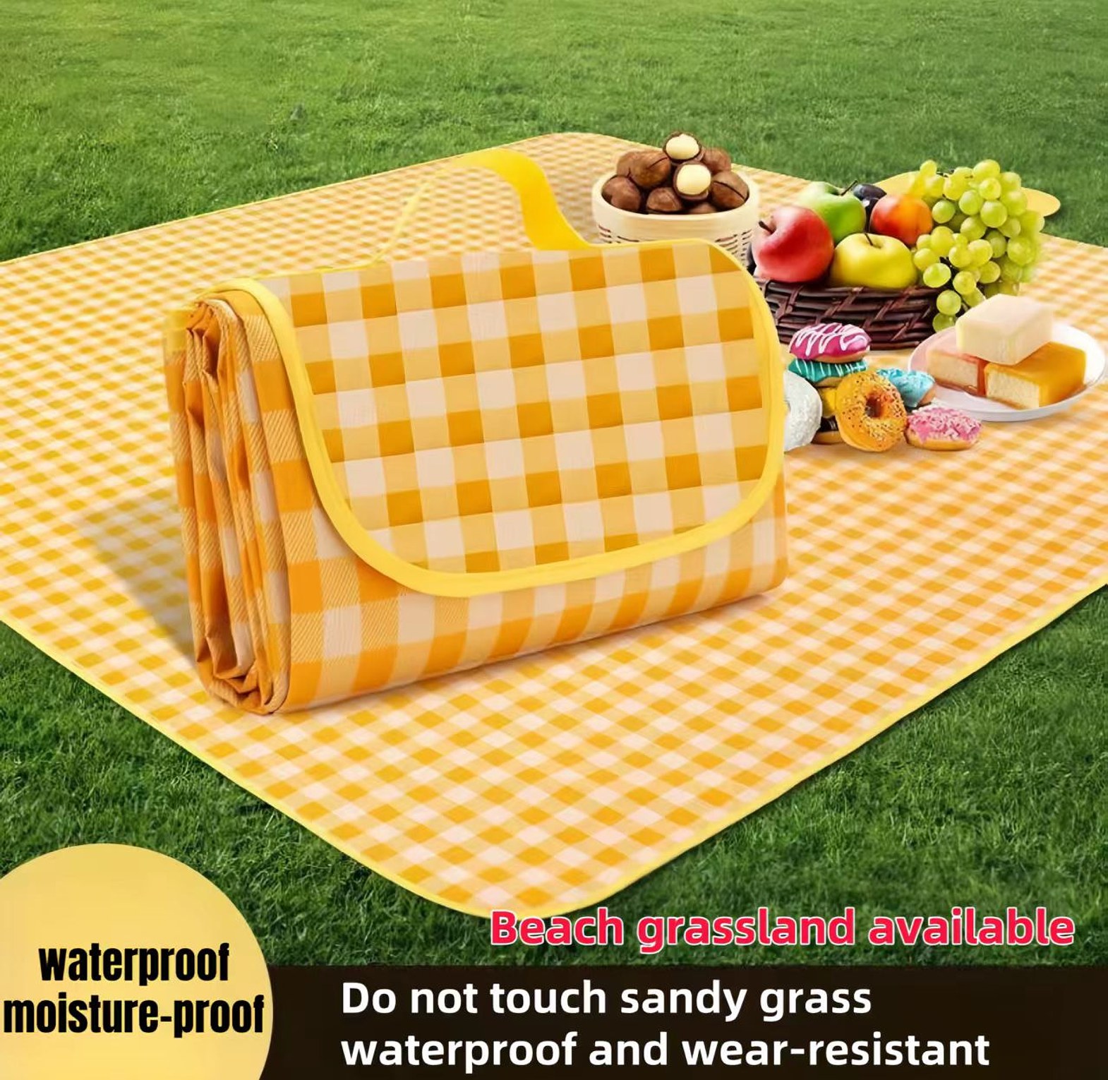 150*200cm Waterproof Picnic Mat Foldable Outdoor Camping Blanket with Handle for Family Travel image