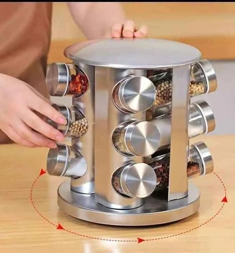 Spice Rack 12 Jars Revolving Countertop, Spice Organizer Tower, Spice Carousel Stand Holder Stainless Steel Top Glass Jars for Kitchen image